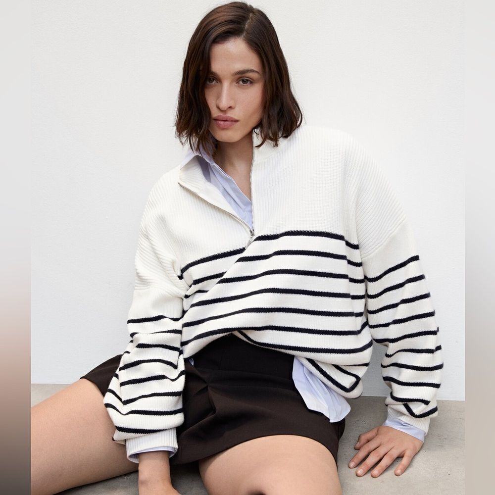 Mango Striped Sweater With Zip New